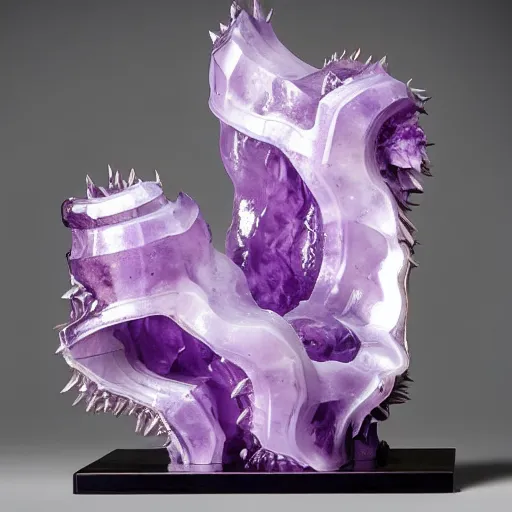 Image similar to abstract carved sculptural amethyst form, wiggly wild smooth bubbly dripping spiky imaginative irrational shape puddles, fluid and dynamic forms, detailed and complex, sharp and smooth, product photo