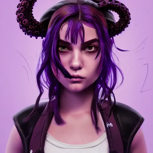 Image similar to artstation young teen with purple eyes and tentacles on her head, furious, very detailed, portrait, high contrast, unreal engine 5