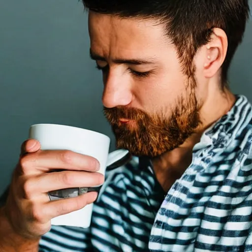 Prompt: a man with a cup of coffee instead of a head,