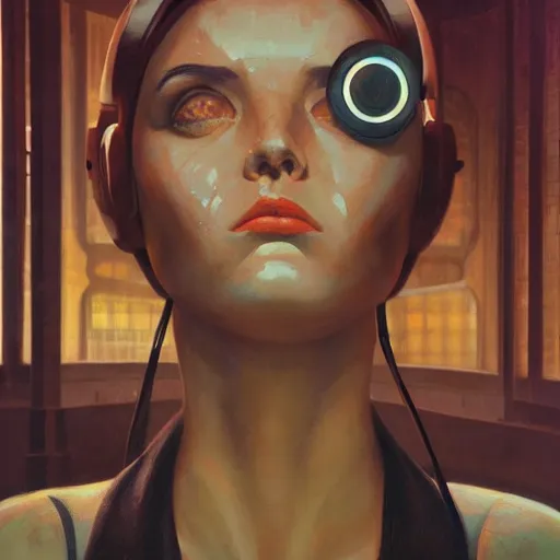 Image similar to detailed face of a woman, clockwork woman, moment, tectonic sky, skydome, bullet train, turbines, tech noir, wet reflections, prism, atmospheric, ambient, pj crook, syd mead, livia prima, greg rutkowski, edward hopper