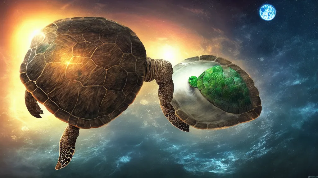Prompt: the world turtle carrying earth on his back as it floats through space, fantasy artwork, very very very beautiful scenery, hd, hdr, ue5, ue6, unreal engine 5, cinematic 4k wallpaper, 8k, ultra detailed, high resolution, artstation, award winning