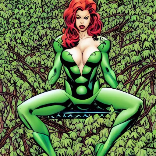 Prompt: dc comics poison ivy character sitting in a throne made of vines and trees art by frank cho, joe chiodo, bruce timm
