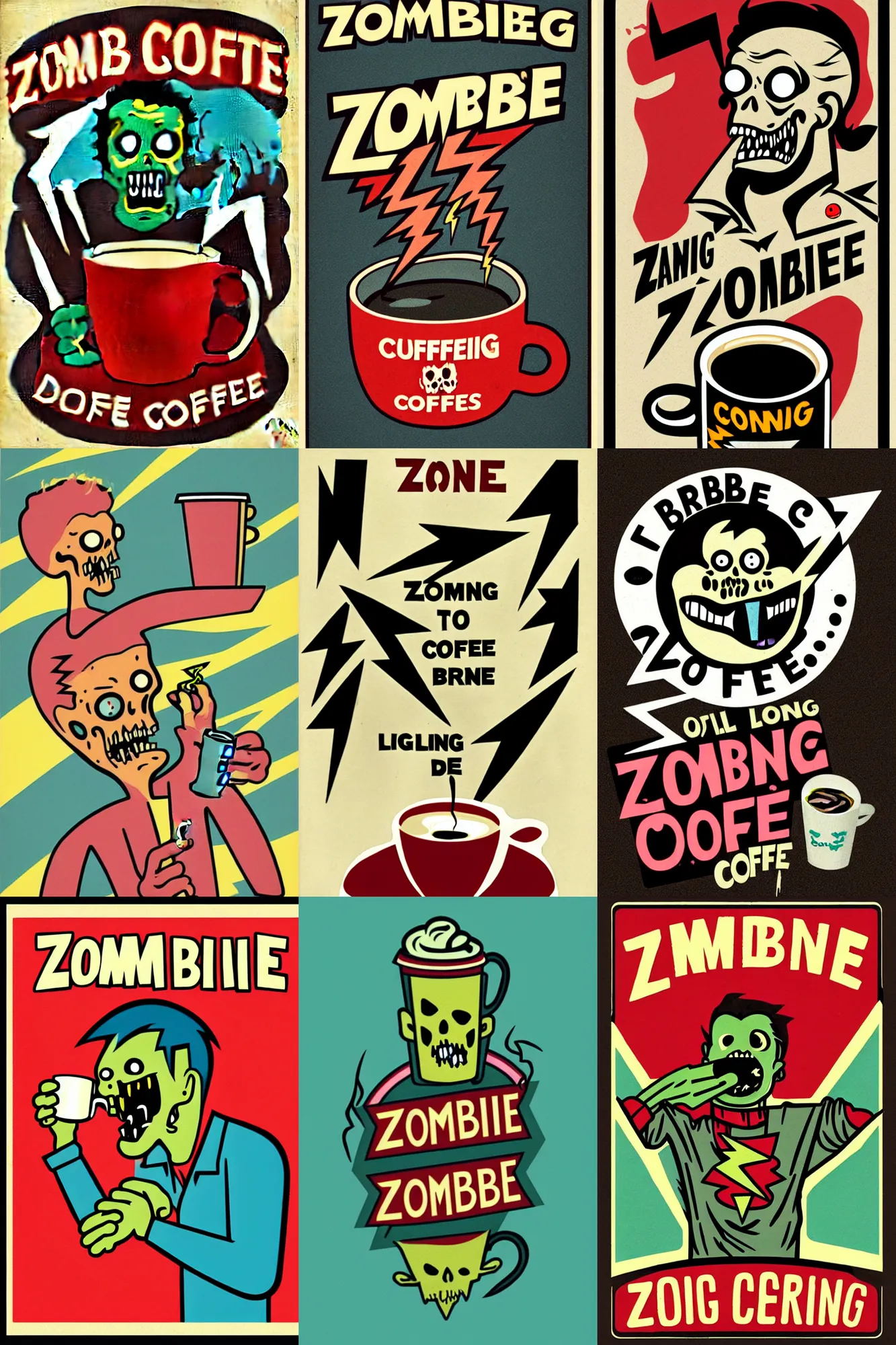 Prompt: zombie drinking coffee logo take away coffee, full colour print vintage colours lightning bolts 1 9 5 0 s, by conran roset
