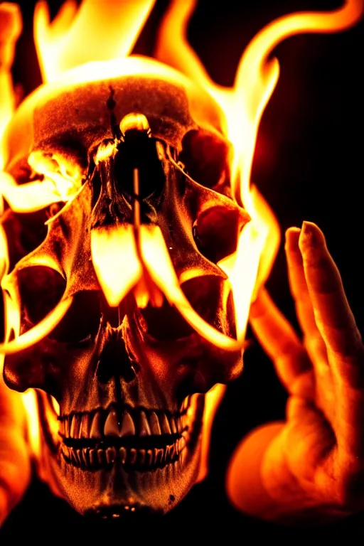 Image similar to photograph of a skull burning while being held up by a skeletal hand photorealistic, hyperdetailed, volumetric light, cinematic, f 8 aperture