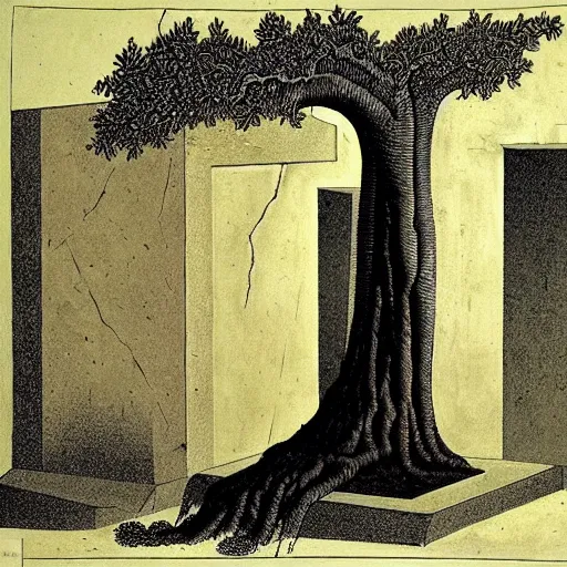 Prompt: at one end of a tomb, its curious roots displacing the time - stained blocks of pentelic marble, grows an unnaturally large olive tree of oddly repellent shape ; so like to some grotesque man, or death - distorted body of a man