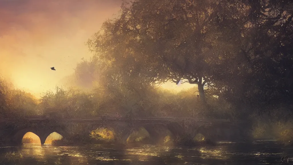 Prompt: over a tree wreathed with vines fly evening crows, under a small bridge near a cottage a stream flows, a lean horse goes on bridge, sunset, by charlie bowater, by greg rutkowski