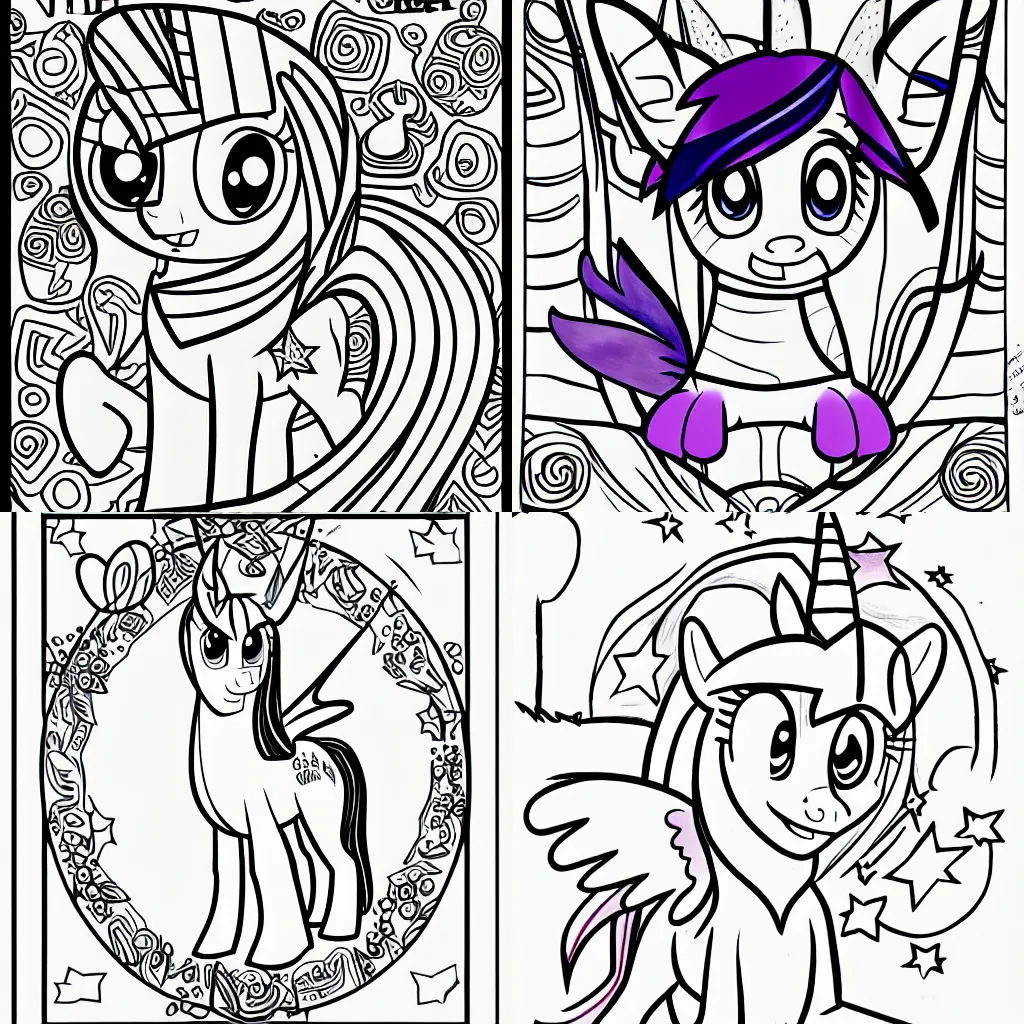 Prompt: Twilight Sparkle, page from children's coloring book, professional art