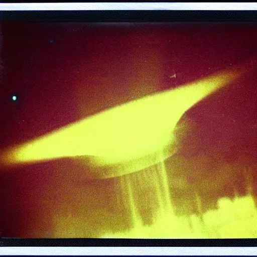 Image similar to aged polaroid photo of a UFO sighting, firing lasers at the earth, wide view, film grain, red color bleed