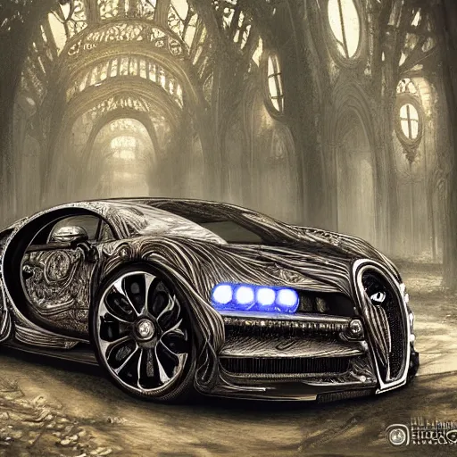 Prompt: biomechanical shiny steampunk bugatti chiron with (glowing) lights parked in ancient mystic woods, gothic and baroque, brutalist architecture, ultradetailed, creepy ambiance, fog, artgerm, giger, Intricate by Ellen Jewett and Josan Gonzalez and Giuseppe Arcimboldo