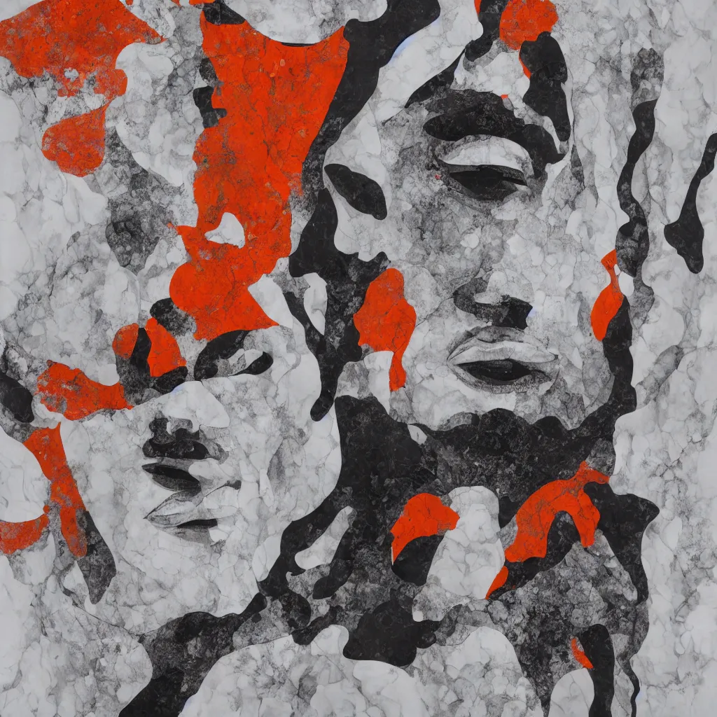 Prompt: a white and orange marble textured background kanye west face is on it screen printing style, a marble sculpture by georgia o'keeffe, featured on polycount, gutai group, marble sculpture, ultrafine detail, biomorphic