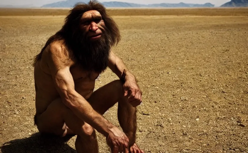 Prompt: a portrait of neanderthal read science book about him in middle of nowhere, perfect dynamic posture, dust, cinematic, perfect dynamic pose, perfect dynamic form, pinterest, very perfect position, award winning photo by national geographic, bokeh