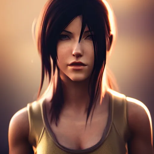 Image similar to elegant Tifa Lockhart, face centered portrait, Confident, fog, rain, volumetric lighting, beautiful, golden hour, sharp focus, ultra detailed, cgsociety by Leesha Hannigan, Ross Tran, Thierry Doizon, Kai Carpenter, Ignacio Fernández Ríos