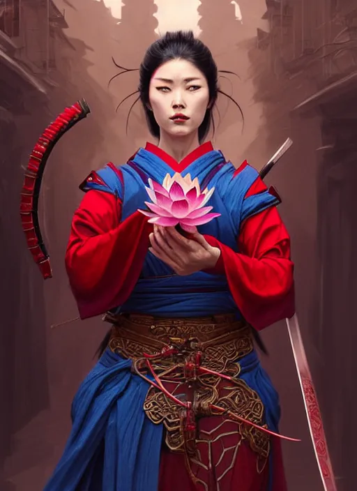 Image similar to cinematic concept movie scene of a wrathful samurai warrior woman dressed in red holding a lotus flower killing street thugs dressed in blue garb, cinematic scene, intricate, elegant, highly detailed, lotus flower, digital painting, artstation, concept art, smooth, sharp focus, illustration, art by artgerm and greg rutkowski and alphonse mucha and wlop