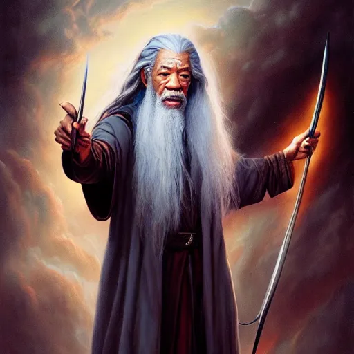 Prompt: morgan freeman starring as gandalf in lord of the rings, highly detailed matte fantasy painting, stormy lighting, by ross tran, by artgerm, by lisa frank, by brom, by peter mohrbacher