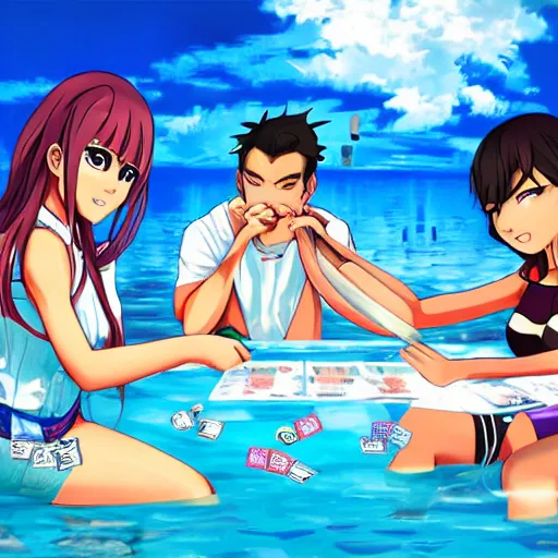 Prompt: aoi asahina from danganronpa, a tanned japanese girl with hair in a high ponytail, and percy jackson playing go fish under the ocean, beautiful digital art