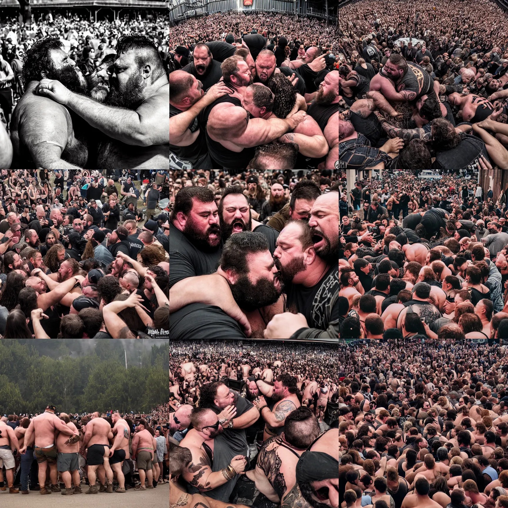 Prompt: crowd of big burly strongmen metalheads kissing, dad energy, wholesome, brotherhood, photography, high resolution, very detailed, clear, smooth, manly, epic