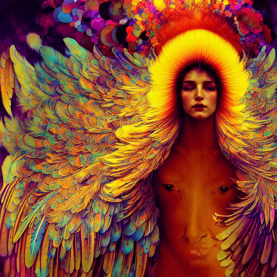 Image similar to face of innocent psychedelic transcendent feather mind bending psychedelic wings of glossy liquid honey flowing like kaleidoscopic translucent holograph, lsd feathers, feathery fluff, enlightenment, high contrast dappled lighting, refracted sunset, highly detailed, concept art, art by collier, albert aublet, krenz cushart, artem demura, alphonse mucha