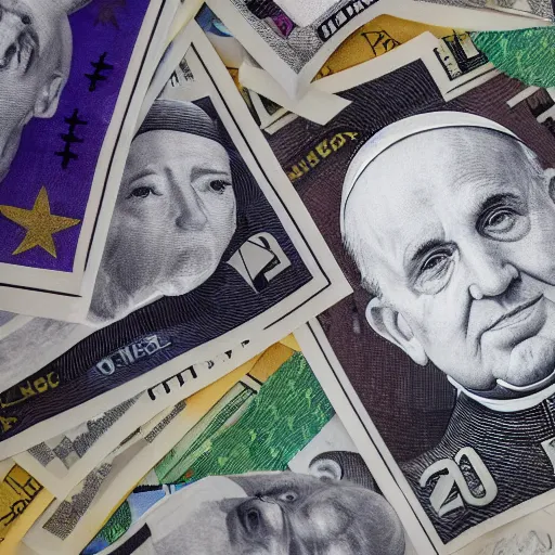 Prompt: A medium shot photograph of the pope laying on a huge pile of euro bills, 4k ultrahd