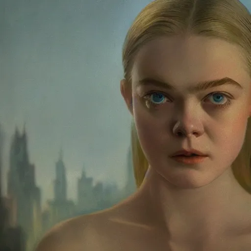 Prompt: ultra realistic medium shot of elle fanning in prey, art by frank frazetta and michael sowa, roger deakin ’ s cinematography, 4 k, ultra realistic, head and shoulders, oil on canvas, highly detailed, epic lighting