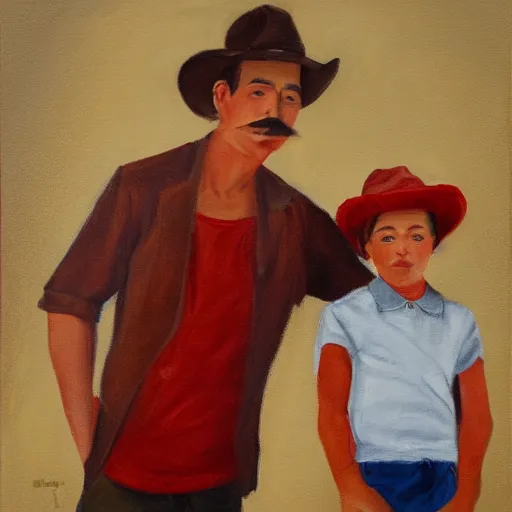 Image similar to a man with brown hair, mustache with a fedora hat, standing next to a boy with a red shirt a messy brown hair painting