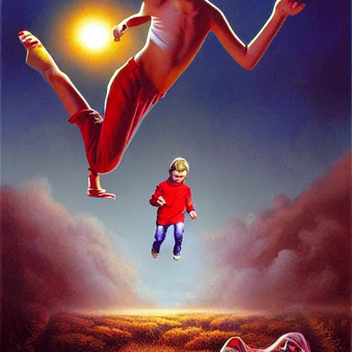 Prompt: a running child disappearing, vapor, mist, smoke, blood, scissors in hand, a detailed matte painting by Jason Edmiston, John Philip Falter