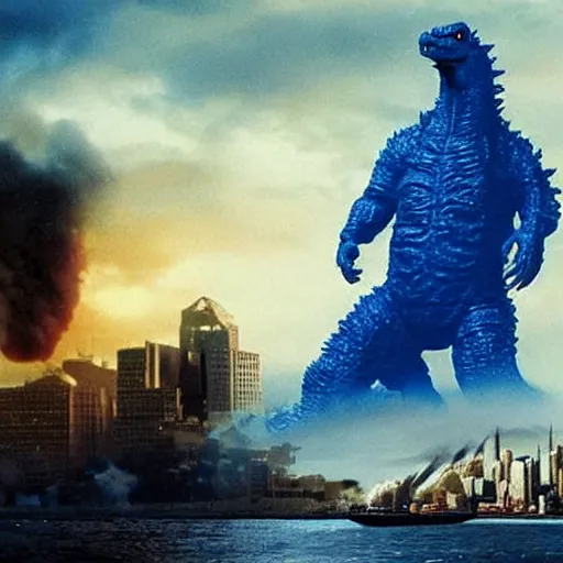 Image similar to a film still of bluey as godzilla