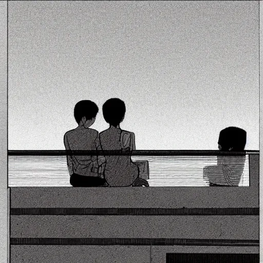 Image similar to art of two singapore students on the roof of a hdb flat, by moebius