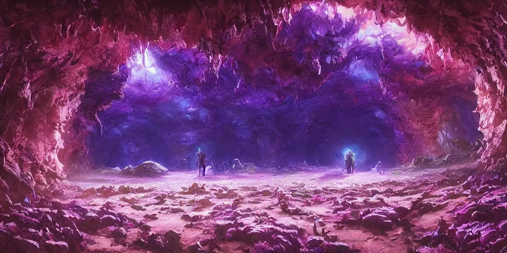 Prompt: zoomed out landscape, beautiful hyper realistic zergling tunnel in cave of purple crystals, beautiful painting by greg rutkowski, atmosphere, ethereal, magic, amazing, positive vibes