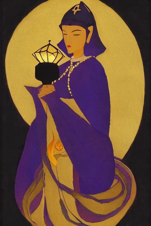 Prompt: queen of night with her lantern and birds, by Nicholas Roerich, black leather and embroidered velvet, iridescent beetles, rich color, dramatic cinematic lighting, extremely detailed