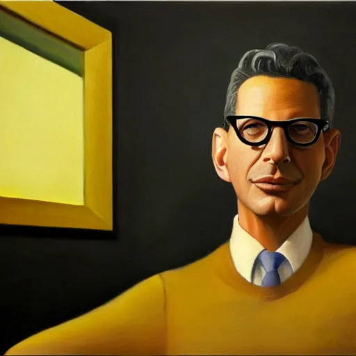 Prompt: jeff goldblum being jeff goldblum, grant wood, pj crook, edward hopper, oil on canvas