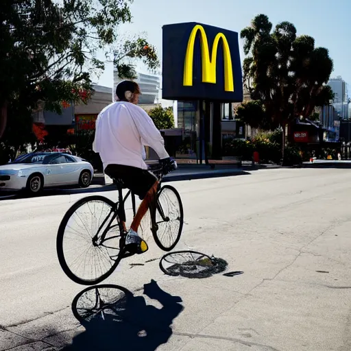 Image similar to a old man riding a bicycle in los angeles carrying a bag of mcdonalds, high detail, 4k