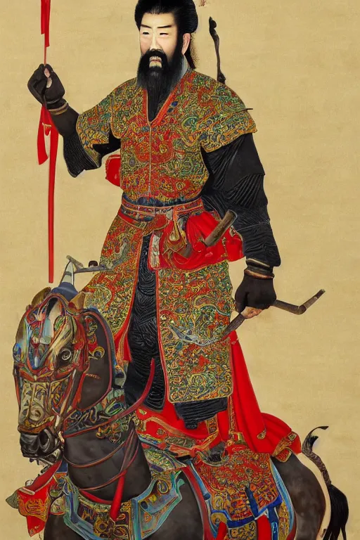 Image similar to A hyper realistic full body portrait of majestic guan yu stands in front of the red horse, defined features, by gu kaizhi, wu daozi, 8k, HD, gigapixel, portrait art, symmetrical composition, realistic proportions, ink and colored pigments on silk, sharpness applied, hyperrealism