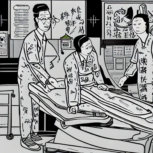 Image similar to chinese surgery operating table, in the style of daniel johnston and outsider art, 8k, line brush, minimal, hard lines, overlaid with traditional chinese adverts