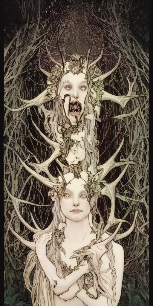 Image similar to softly glowing black metal pagan god with horns and pale skin and intense black eyes with a goat skull in very dark forest by johnson tsang and alphonse mucha, portrait, fantasy, clear, light beams, subtle shades of pastel, lens flare, soft, uhd, amazing depth, cinematic lighting