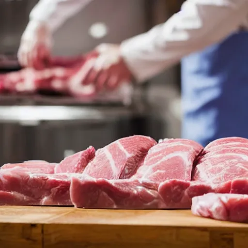 Image similar to low angle view closeup of a butcher working