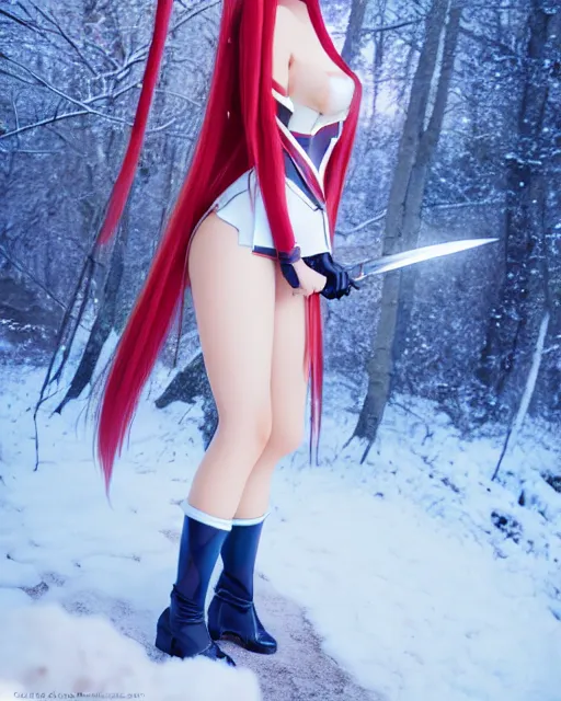 Image similar to photo of asuna from sao in winter location, asuna by a - 1 pictures, by greg rutkowski, gil elvgren, enoch bolles, glossy skin, pearlescent, anime, maxim magazine, very coherent, film still, dslr, 3 5 mm canon