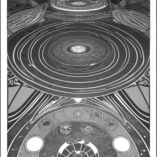 Image similar to art nouveau floor pattern, solar system, scifi inspired, foundation, thin lines, black and white by paul chadeisson, greg rutkowski