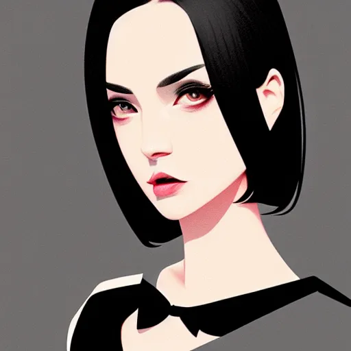 Image similar to rich young female in black tuxedo, scornful, disdainful, muted colors, matte print, pastel colors, 2d, ultra highly detailed, smooth, sharp focus, digital art, digital painting, fan art, elegant, artstation, head is centered, by Ilya Kuvshinov