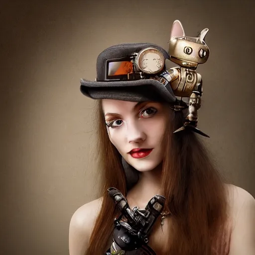 Prompt: a portrait of a beautiful steampunk woman and her cute robot cat, long hair, aged 2 5, slovenian, wearing a travel hat, photo realistic, real life, octane render, trending on artstation by mario testino