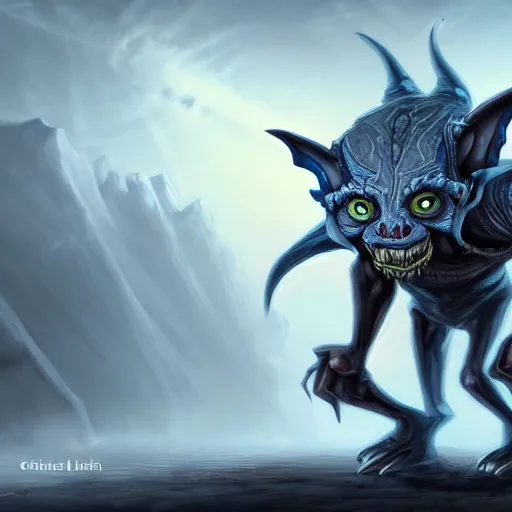 Image similar to a highly detailed goblin with grey skin and blue eyes that glow, in a dust storm, like magic the gathering, goblin chainwalker,, digital art, by christopher rush