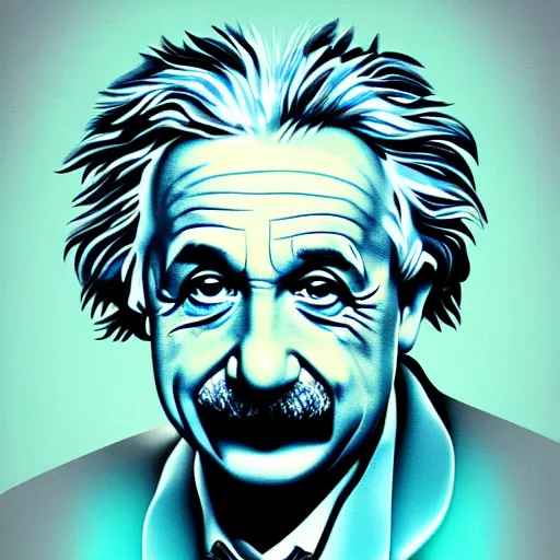 Image similar to high detailed portrait of albert einstein, pop art, teal and gold colors, artstation, digital illustration