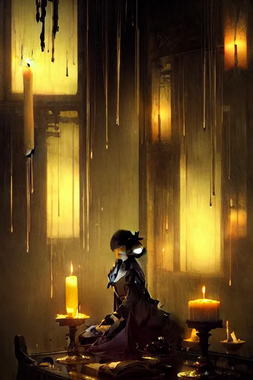 Image similar to dreamy dark hall with candles and dripping wax. beautiful intricately detailed japanese artwork, fantasy art by bayard wu, trending on artstation, camille corot, stephan martiniere