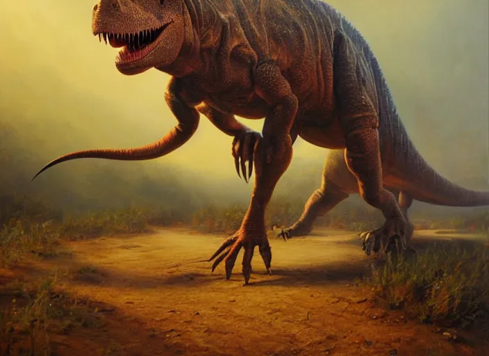 Image similar to oil painting of a dinosaur on canvas, by James gurney, realism, warm lighting, award winning, high detail, professional, volumetric lighting