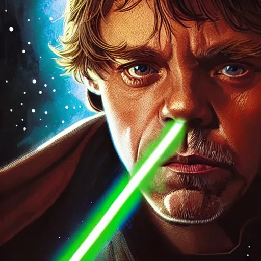 Prompt: luke skywalker grand master jedi from legends books, with the logo of star wars above him little eyes, jedi from star wars, intricate detailed face, artgerm, greg rutkowski, alphonse mucha