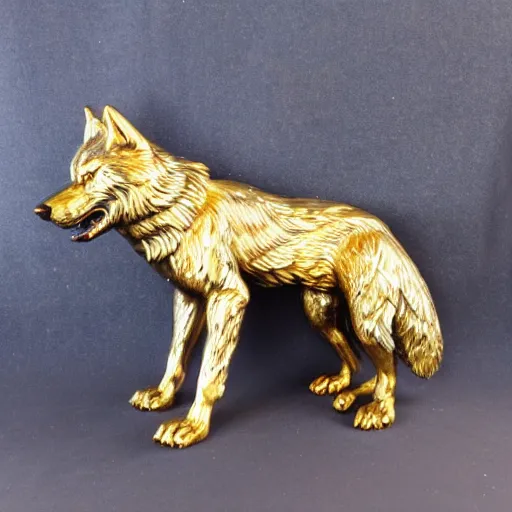 Image similar to gorgeous wolf statue with gold filigree, carved marble