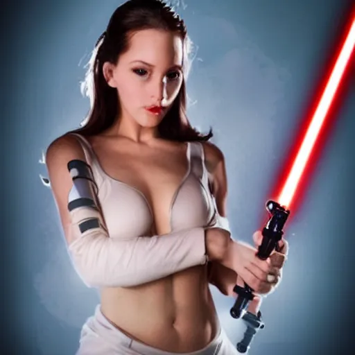 Prompt: beautiful, gorgeous woman with two lightsabers, star wars themed, realistic photo