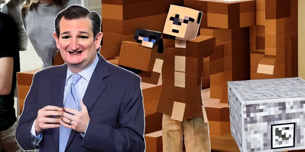 Image similar to ted cruz in a minecraft house standing next to a chest