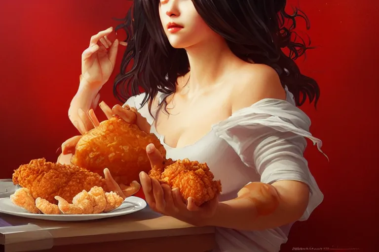 Image similar to kfc chicken, portrait, elegant, intricate, digital painting, artstation, concept art, smooth, sharp focus, illustration, art by artgerm and greg rutkowski and alphonse mucha