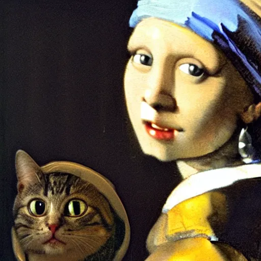 Prompt: Cat with a pearl earring, by Johannes Vermeer