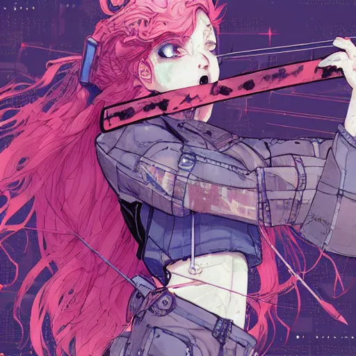 Image similar to close up, posing pointing with an arrow bow and screaming with fury, a grungy cyberpunk anime, very cute, by super ss, curly pink hair, night sky by wlop, james jean, victo ngai, highly detailed